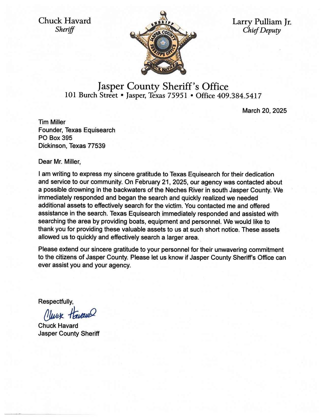 Letter of Appreciation from Jasper County Sheriff’s Office