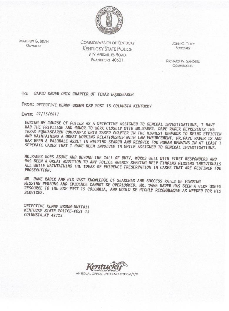 Kentucky State Police Letter of Recommendation for Dave Rader