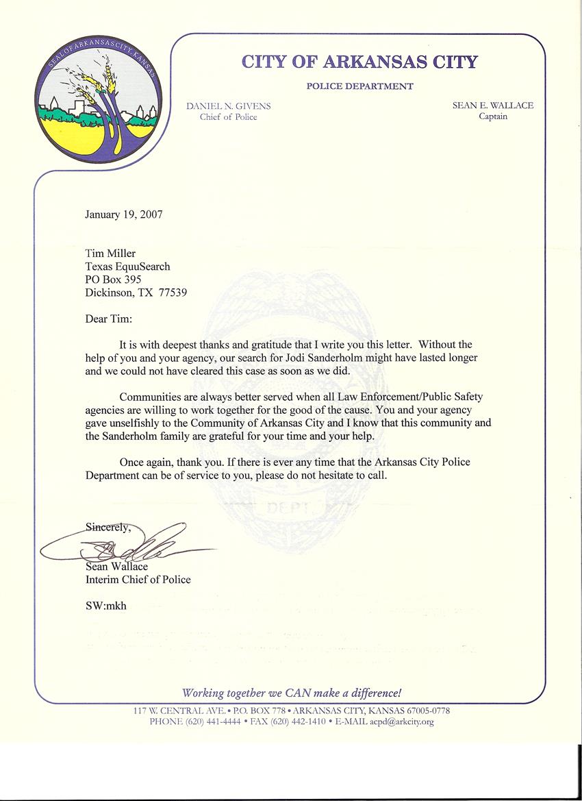 Letter from Arkansas City, KS Chief of Police