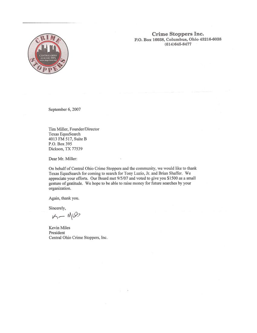 Letter from Crimestoppers