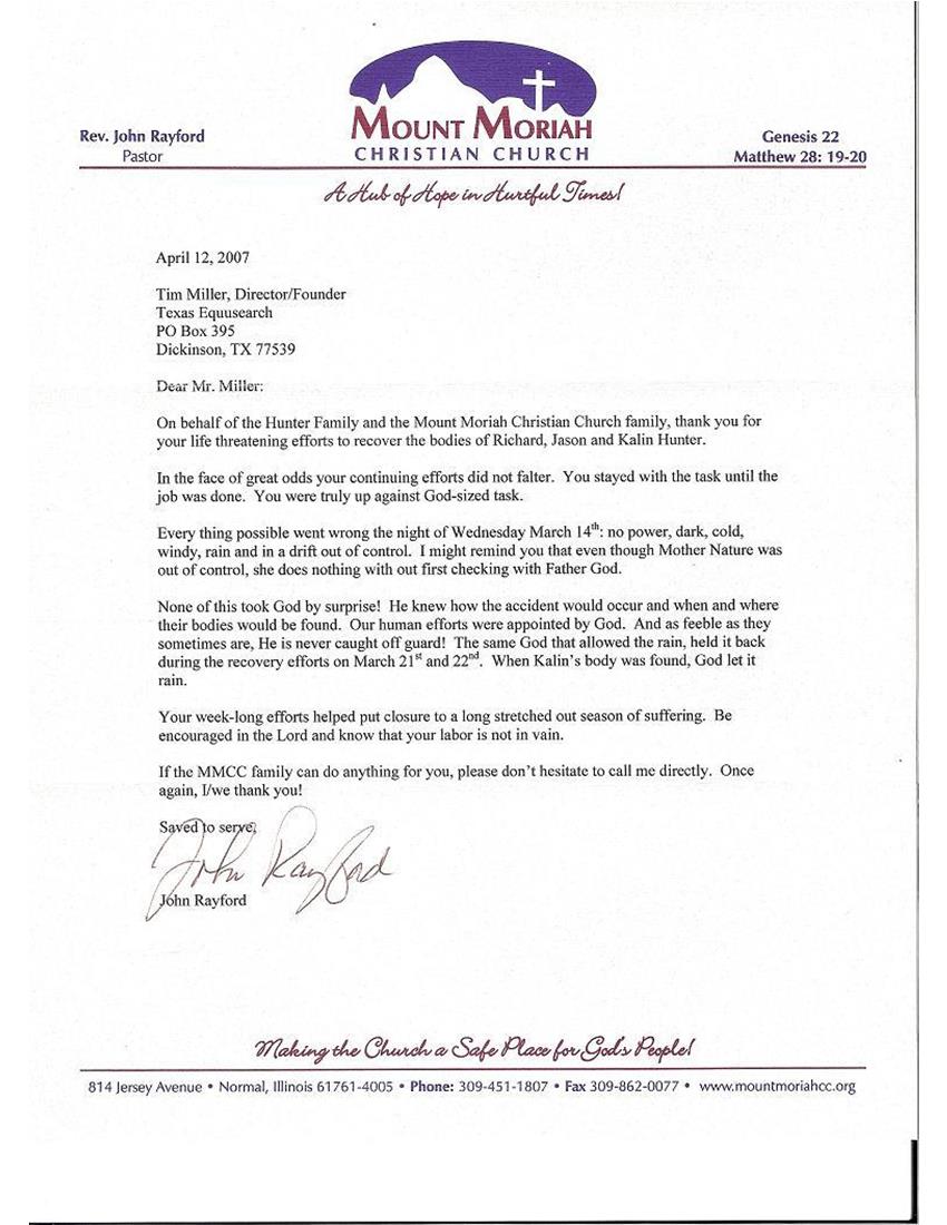 Letter from church on behalf of family