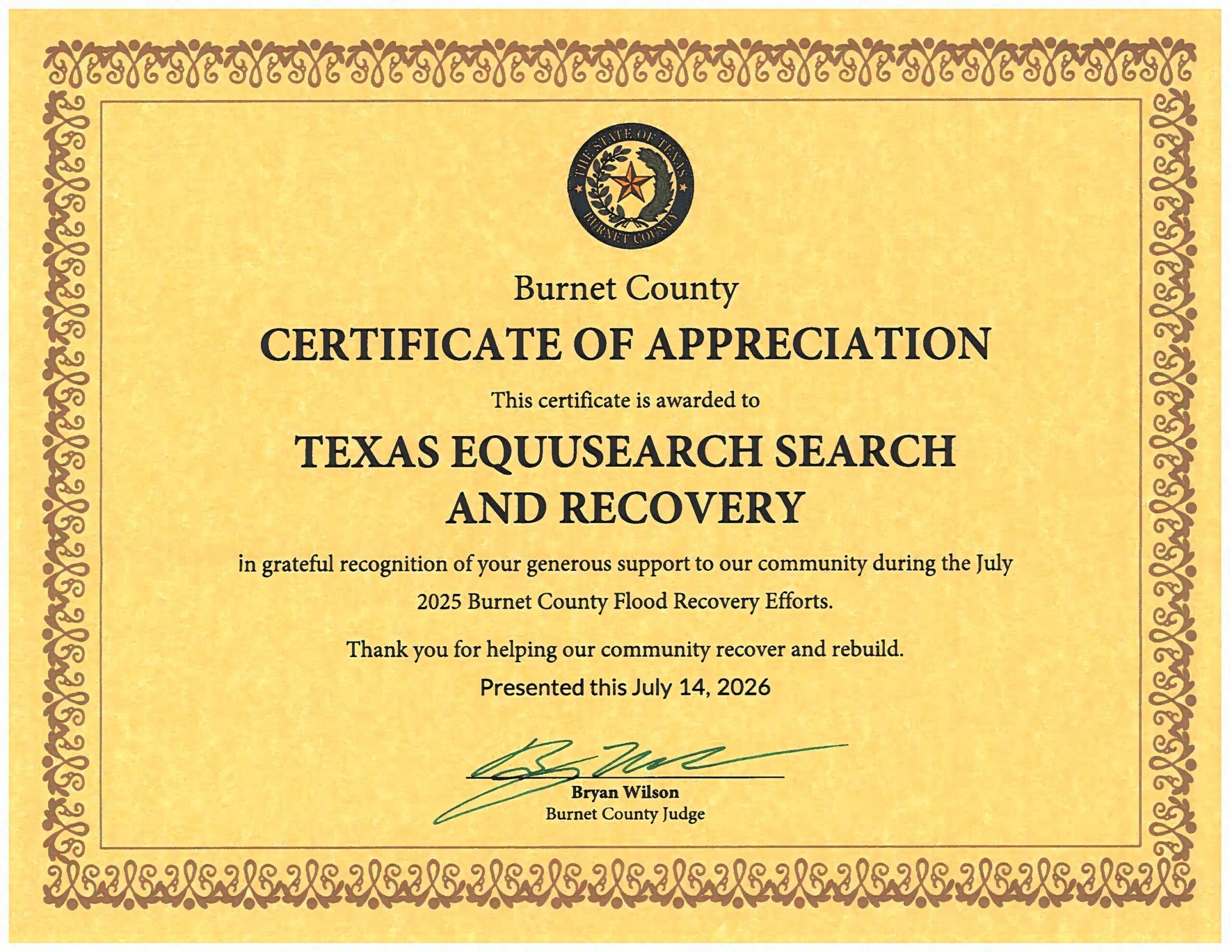 Letter of Appreciation from Burnet County Letter of Appreciation from Burnet County