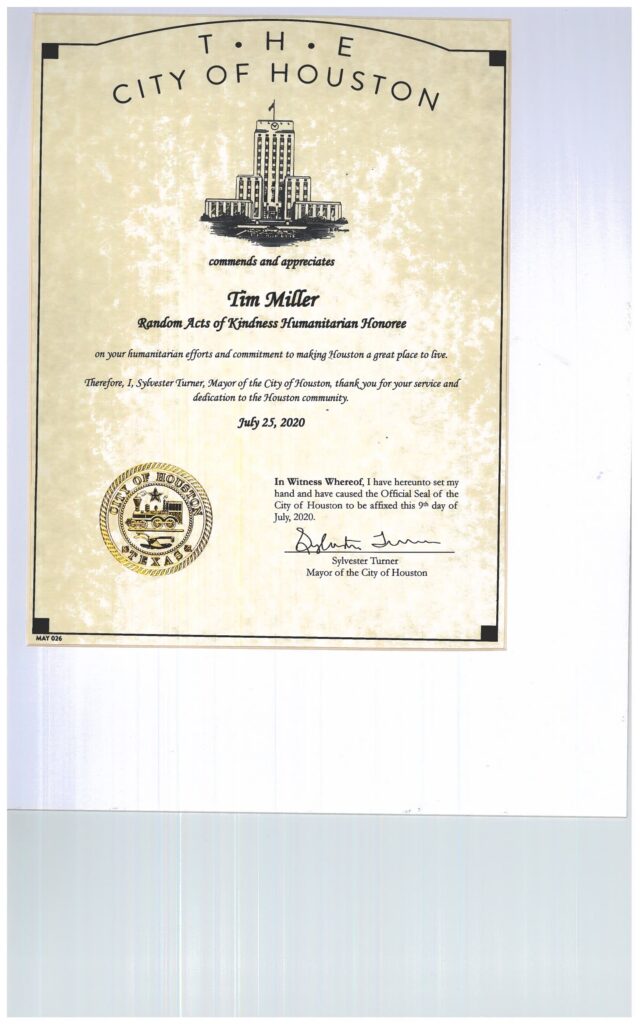 Letter of Appreciation from the City of Houston – Random Acts of Kindness Humanitarian Honoree
