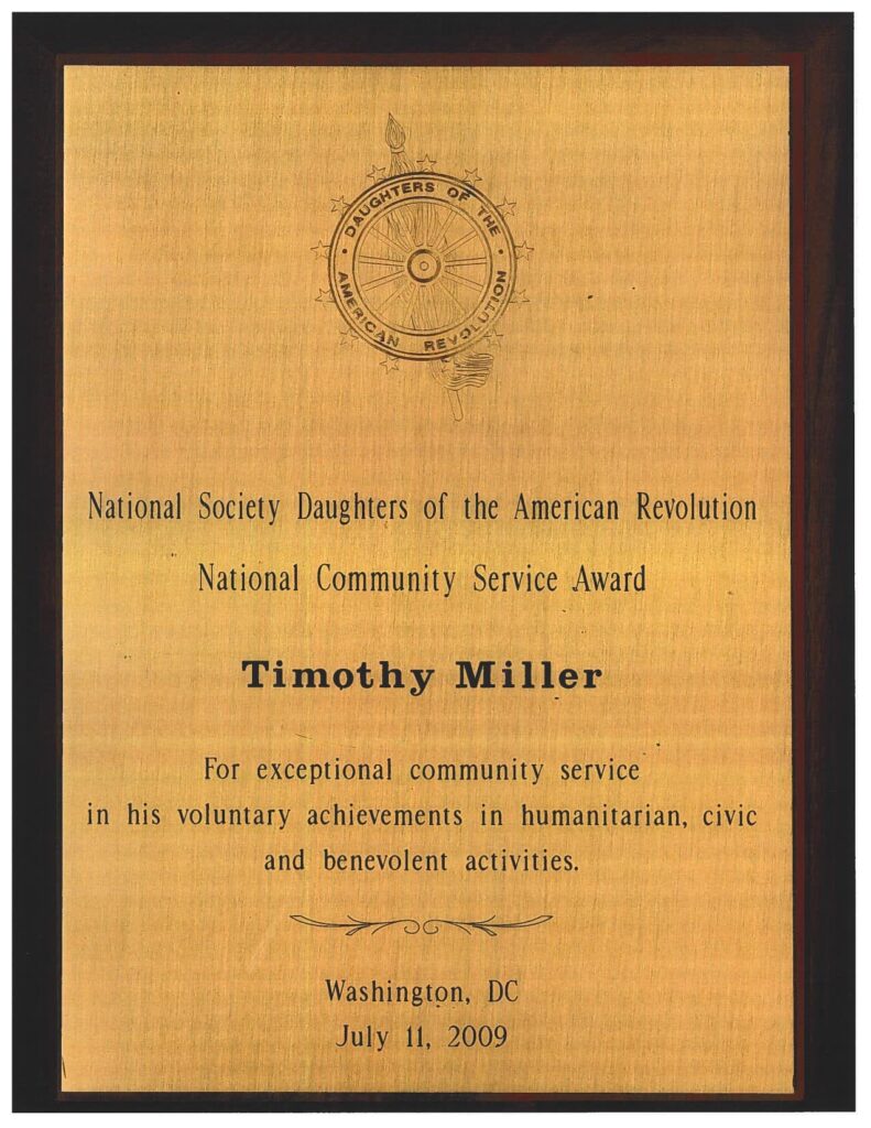 Letter of Recognition from the National Society Daughters of the American Revolution – National Community Service Award