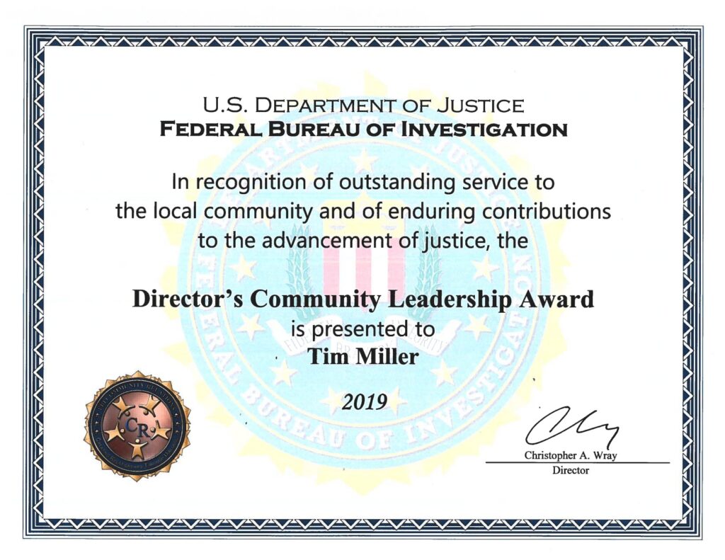 Letter of Recognition from the U.S. Department of Justice Federal Bureau of Investigation – Director’s Community Leadership Award