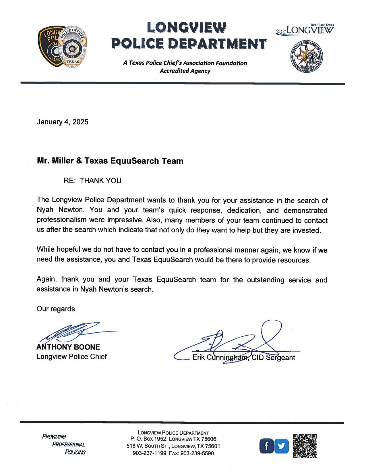 Letter of Appreciation from Longview Police Department Letter of Appreciation from Longview Police Department