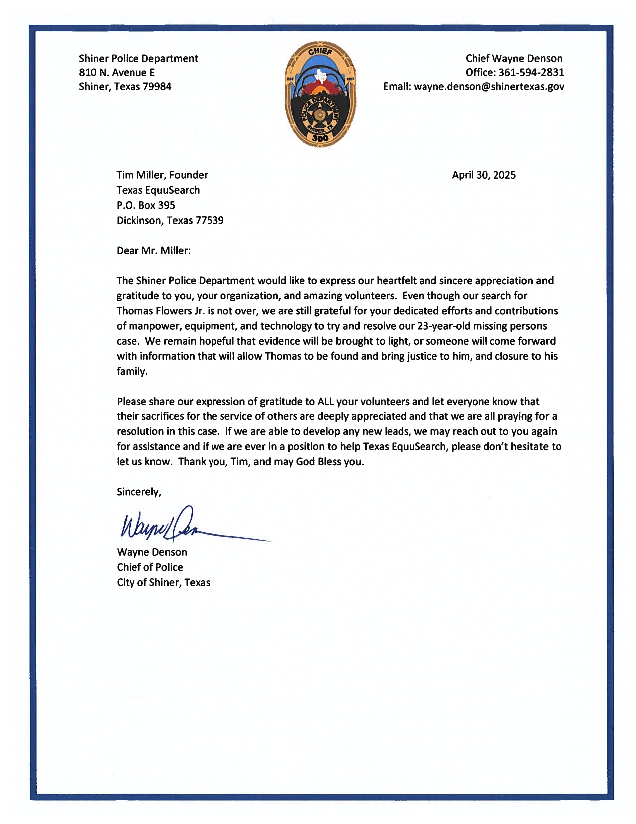 Letter of Appreciation from Shiner Police Department